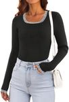 MEROKEETY Women's Long Sleeve Ribbed Knit Bodysuits Scoop Neck Slimming Fit Fall Trendy Sweater Tops, Black, Large