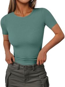 Ekouaer Womens Basic Gym Tops Compression Elastic Fabric Shirts Thermal Crew Neck Tees Lightweight Going Out Blouse Gray Green M