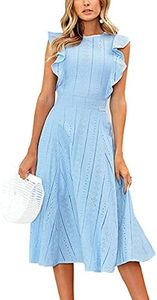 ECOWISH Women's Summer Dresses 2025 Elegant Lady Wedding Guest Cocktail Ruffle Cap Sleeves A-Line Office Midi Dress Blue Medium