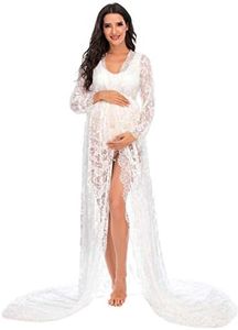 ZIUMUDY Maternity Deep V-Neck Split Front See-Through Maxi Lace Dress for Photography with Long Sleeve (White, X-Large)