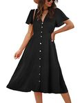 ROYLAMP Women's Button Up Split Dress Deep V Short Sleeve Casual Summer Flowy Midi Dress with Pockets Black L