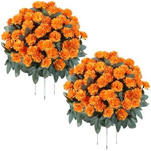QIANYUN Artificial Fall Mums Yard Stake, 16 Inch Autumn Chrysanthemum Outdoor Decoration, Orange Yellow Mums Flower Garden Decor for Front Porch, Walkway, Lawn and Seasonal Fall Display (Orange)