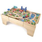 Hooga 80Pcs Kids Wooden Train Play Table Set, Wooden Train Track Set Activity Table, Reversible Multi Usage Children Play Desk Set with Storage Drawer, Educational Gift for Kids, Girls & Boys