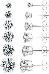 UHIBROS 6 Pairs Stainless Steel Stud Earrings Set Hypoallergenic Cubic Zirconia 14K White Gold 316L CZ Earrings