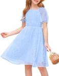 Arshiner Dresses for Tweens Shirred Fluffy Sleeve Square Neck Knee Length Vintage Sundress Blue 10-11Y