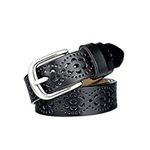 Vintage Genuine Cowhide Leather Women's belt Fashion Hollow Flower Design Ladies Waist Belt with Alloy Buckle for Jeans (Black)