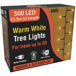 ANSIO® Christmas Tree Lights 500 LED 12.5m/41ft - Warm White Cluster Compact Lights for Indoor & Outdoor Decorations Fairy Lights with Timer for Xmas Garden & Party | Mains Powered Green Cable