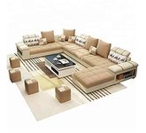 LUKRAIN Furniture Modern U Shape Sectional Sofa | Luxury 10 Seater Living Room Sofa Set | Without Centre Table Long Seat Sofa Set for Home & Office (Cream) Pack of 1 (Wood)