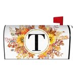 Fall Maple Leaves Monogram Letter T Mailbox Cover Magnetic 25.5x21 Inch, Family Last Name Initial Post Letter Box Covers, Autumn Thanksgiving Seasonal Outdoor Yard Oversized Mailbox Decor