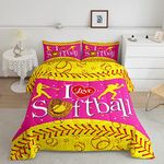 Castle Fairy Teens Softball Comforter Set Queen Size,Sports Gaming Bedding Set for Kids Boys Girls Bedroom Decoration,Yellow and Pink Bed Duvet Insert,Softball Gloves Comforter with 2 Pillowcase