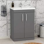 600mm Floor Standing Bathroom Vanity Unit Mid Edge Basin 2 Doors Storage Cabinet Furniture - Indigo Grey Gloss