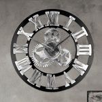 Heaven4you Large Roman Numeral Wall Clock Wood/Metal Open Face Round for Living Room Kitchen Bar Office (Silver, 60cm)