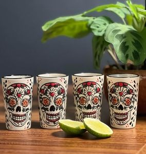 Tequila Shot Glasses, Handmade Tequila Gift Set Includes 4 Ceramic Mexican Shot Glasses. Unique Gifts for Tequila Lovers. Talavera shot glasses Made in Mexico.