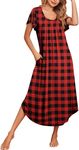 Ekouaer Women's Nightgowns Long Sleepshirt Short Flare Sleeve Sleepwear Soft Night Shirts with Pockets Plaid XL