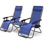 VOUNOT Zero Gravity Chair with Side Table, Set of 2, Folding Sun Loungers, Recliner Garden Chairs, Outdoor Deck Chairs with Cup and Phone Holder, Blue