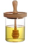 Lawei Glass Honey Jars with Wooden Dipper and Lid - 13 Oz Honey Pot Clear Glass Syrup Container for Storage