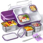 Lunch Boxes Stainless Steel Bento Box with Insulated Lunch Bag & Fork, Leakproof Metal Lunchbox Set for Adults Kids Bento-Style 5 Compartments Snack Containers, BPA-Free, Dishwasher Safe (Purple)