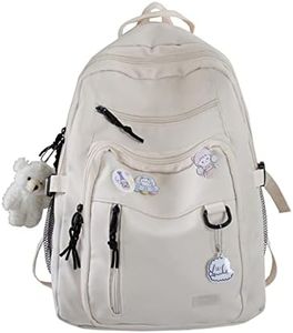 GAXOS Cute Aesthetic Backpack for School Middle Student Travel Backpack Teens Girls Bear Pin Book Bags, White, Leisure