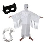 Kaku Fancy Dresses Polyester White Ghost Costume With Vampire Teeth, Face Mask Set For Kids Halloween Costume Party