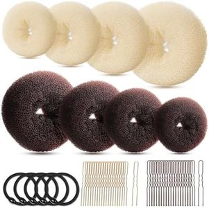 FANDAMEI Hair Bun Maker Set, Donut Bun Maker Set With 4pcs Dark Brown &4pcs Beige(2 extra-large,2 large,2 medium and 2 small), 5 pieces Hair Elastic Bands, 40 pieces Hair Bobby Pins (Brown and Gold)