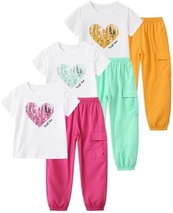 Fdqin Girl Summer Clothes 6 Piece Outfits Trendy Cute T-shirt Matching Cargo Pants Top Set Red/Green/Yellow 13-14 Years