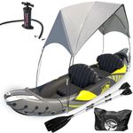 KP Inflatable Kayak 2 Person with Detachable Sun Canopy/Shade - Kayaks for Adults - Waterproof Phone Bags - Adjustable Seats - 3rd Seat for Dog/Child - Backrests & More - Grey