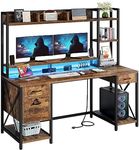 YITAHOME Computer Desk with Drawers & Power Outlets, 59" Home Office Desk with Hutch, Gaming Desk with LED Lights, Rustic Brown