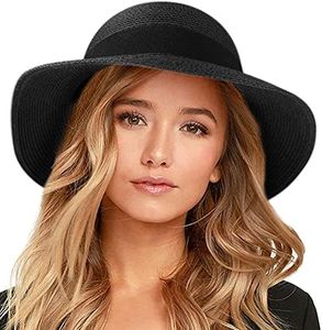 FURTALK Womens Beach Sun Straw Hat UV UPF50 Travel Foldable Brim Summer UV Hat Black