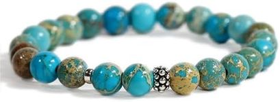 Joyfulmuze Handmade Stretch Bracelet, Genuine Turquoise Emperor Round Jasper, Premium Jewelry for Women Man Girls, Grounding Strength and Stability Stone, Sterling Silver Beads, 8mm (Jasper-Silver)