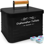 ELITAPRO Dishwasher Pods Container with Lid - Farmhouse Metal Dishwasher Pods Holder for Kitchen Organization - Dishwasher Tablets Storage - Kitchen Decor and Accessories (Black)