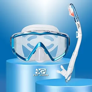 Dry Snorkel Set, Pano 3 Window Snorkel Mask, Anti-Fog Scuba Diving Goggles and Snorkel, Professional Adult Snorkeling Swim Mask Gear (Lake Blue)