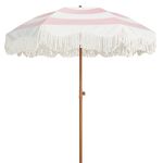 AMMSUN Boho Fringe Umbrella Outdoor Patio, 6.5ft UPF50+ Picnic Umbrella with Tassels with Steel Pole and Push Button Tilt, Pink Stripes