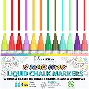 Kassa 10-Pack 6mm Pastel Multicolor Chalk Markers | With 4 Bullet & Chisel Dual Tips | Works on Chalkboards, Windows, Glass or Mirrors | Erasable & Dust-Free | Ideal for Use at Home, School & Office