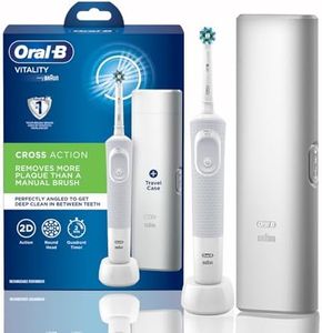Oral-B Vitality Rechargeable Rotating Electric Toothbrush for Adults with Travel Case & 2 Modes (Daily & Sensitive), 2 Min Timer, 2 Year Warranty by Oral B, IPX7 Water Resistant, Round Brush Head (White)