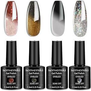 senvenski Color Changing Gel Nail Polish Kit, UV/LED Soak Off Nail Art Set with Black White Red Grey Brown Gold Glitter Colors | Manicure Gift Kit for Women, Professional Salon Home Use (WB018)