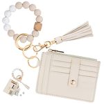 KNGITRYI Wallet Keychain Wristlet for Women,Slim RFID Credit Card Holder Purse Tassel Keychain Bangle Key Ring for Men Women (Beige)