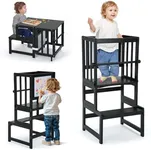 COSYLAND 3-in-1 Multifunctional Toddler Standing Tower, Kids Kitchen Step Stool with Whiteboard, Desk Table and Chair, Enjoys Unique Patented Design,FSC,CPC,SOR,CE, Black