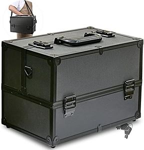 Makeup Train Case, GreenLife® Professional 14.2 inches Large 4 Trays Cosmetic Case with shoulder strap Makeup Storage Box with Locker keys Compartments Durable Adjustable Dividers Aluminum Frame BLACK