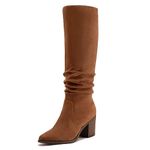 Athlefit Womens Knee High Chunky Heel Boots Faux Suede Pointed Toe Side Zipper Boots, Brown, 7