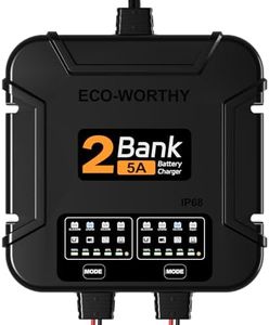 ECO-Worthy 2-Bank Marine Battery Charger 10A (5A/Bank), IP68 Waterproof 12V Charger & Maintainer for Boat RV Car, Lead-Acid LiFePO4 & Calcium Battery Desulfator