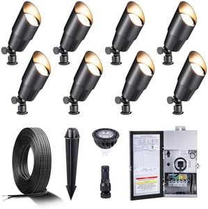 Gardenreet Black Brass Low Voltage Landscape Spotlights(8-Pack) Kit 12V LED with 150W Low Voltage Transformer & Mechanical Timer & 100FT Wire & 40Pack Connectors for Outdoor House Garden Patio