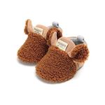 FAMI Infant Baby Cozy Fleece Slippers with Non Skid Bottom Newborn Boys Girls Winter Warm Socks Booties Stay On Crib House Shoes -Brown