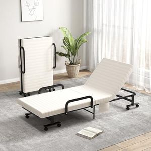 Giantex Folding Bed With Mattress, Portable Guest Bed w/Adjustable 6 Position & Side Storage Pocket, 660 LBS Capacity on Wheels for Home, Roll Away for Adults, White