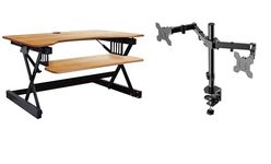 Rocelco 40" Large Height Adjustable Standing Desk Converter with Dual Monitor Mount Bundle | Quick Sit Stand Up Computer Workstation Riser | Retractable Keyboard Tray | Teak (R DADRT-40-DM2)