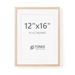 TONES FRAME DESIGN 12x16 Picture Frames with Mat for 9x12, Solid Wood Veneer Finish Natural Poster Frame with Plexiglass for Gallery Wall Photo Art Prints Home Decor