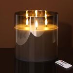 Eywamage 3 Wick Large Flameless Candles in Silver Grey Glass, Flickering LED Battery Pillar Candle with Remote Φ 6" H 6"