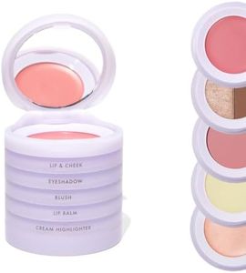 5-in-1 travel makeup kit by subtl beauty | eyeshadow duo, powder blush, cream highlighter, lip and cheek, lip balm | free travel mirror and brush | stackable makeup for travel