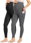 Enerful Womens Maternity Leggings with Pockets Workout Legging Pants Buttery Soft Pregnancy Active Wear Yoga Tights - 2pack Black/Gray - Large