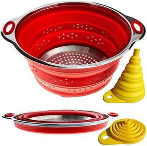 Collapsible Colander and Funnel - Stainless Steel Meets Red Silicone. RV Accessories for Inside, Camper Organization and Storage Idea, Motorhome, Camp or Travel Trailer, 5th Wheel, Boat, Small Kitchen