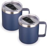 Volhoply 14oz Insulated Stainless Steel Coffee Mug with Lid Bulk 2 Pack,Double Wall Vacuum Travel Coffe Cup with Handle,Reusable Metal Thermos Tumbler,Camping Mugs Keep Hot,Christmas Gifts(Navy,2)